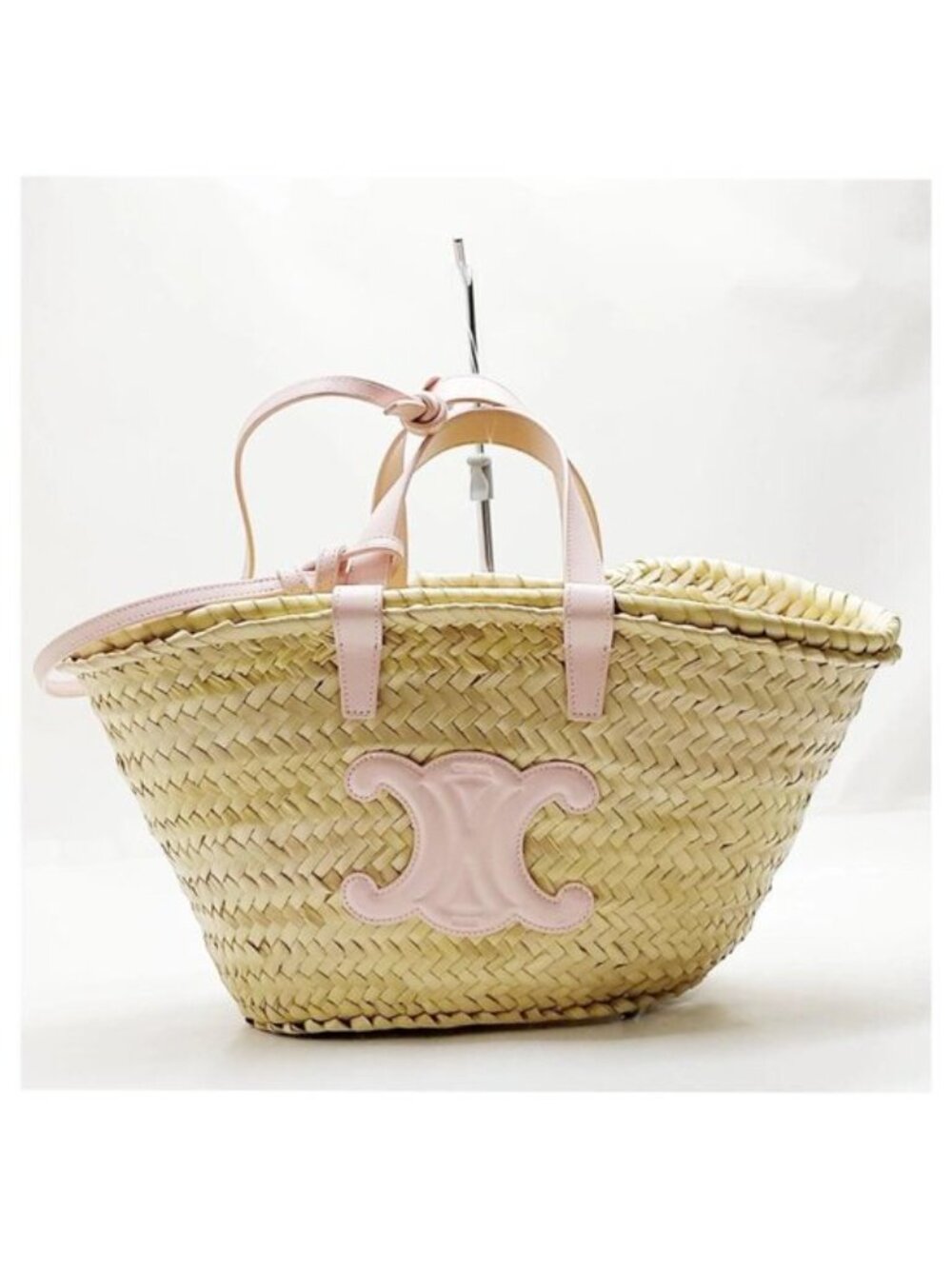 Authentic Celine Triomphe Straw Basket Bag Pink Leather Trim Summer Tote Woven - Picture 2 of 16
